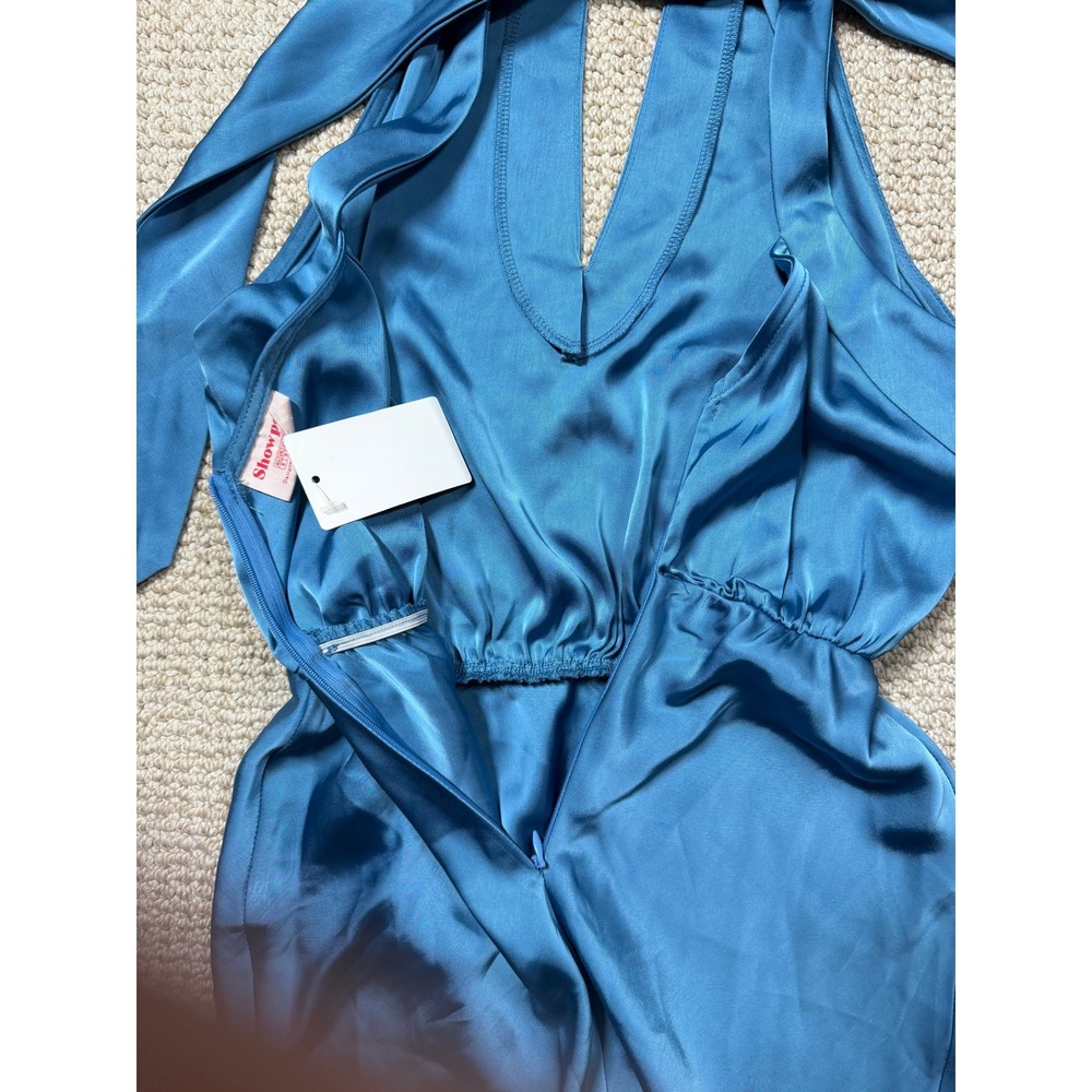 Showpo Kiarra Norman Halter Dress Satin Blue Size 2 Party Split Hem Cut V-Neck - Picture 9 of 9